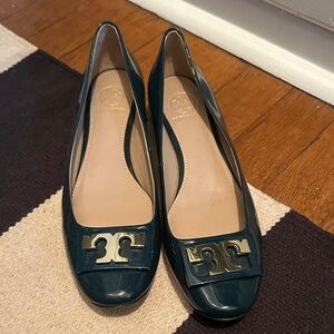 Tory Burch Dark Teal Flats with Gold Logo